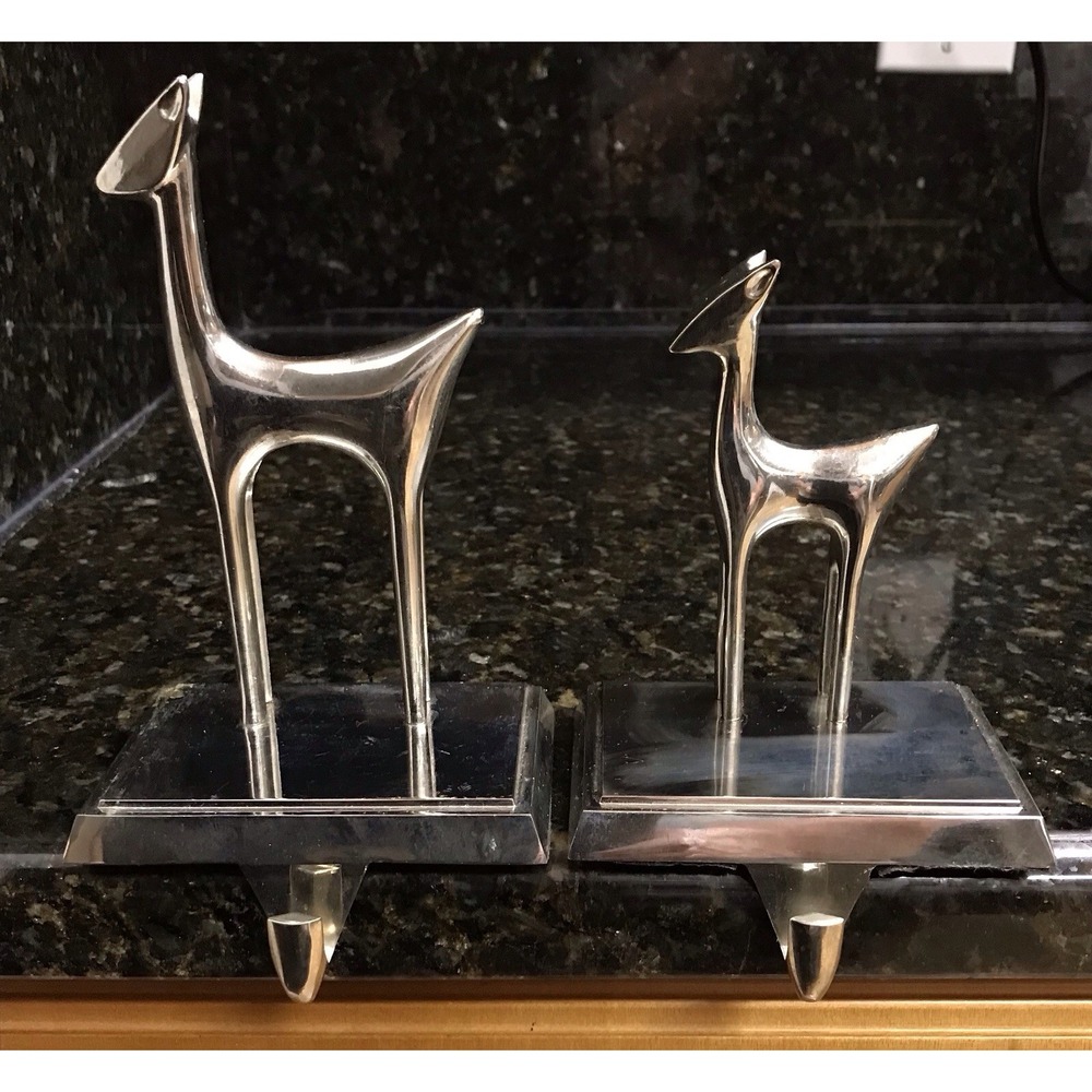 2 Stainless Silver Metal Deer Doe Fawn Christmas Stocking Hangers‎ Holders Decor